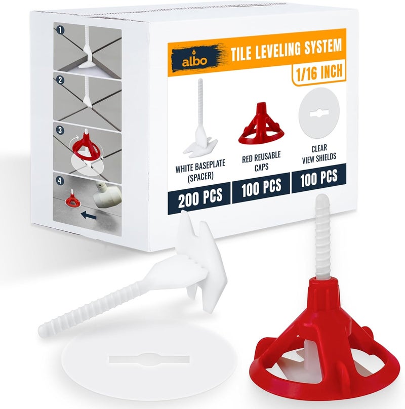 ALBO Tile Leveling System Set 1/16 inch - 200 PCS - Professional Floor & Wall Spacer Kit with Reusable Caps & Protection Plates - Anti-Lippage Installation Tools for Large and Small Tile Formats - Image 1